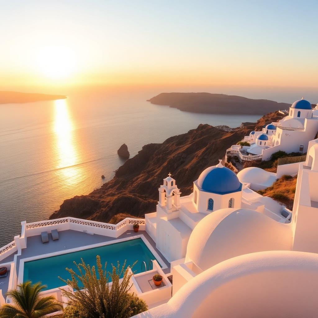 Vista de Domes Novos Santorini con arquitectura blanca cicládica, alberca y el mar Egeo al atardecer