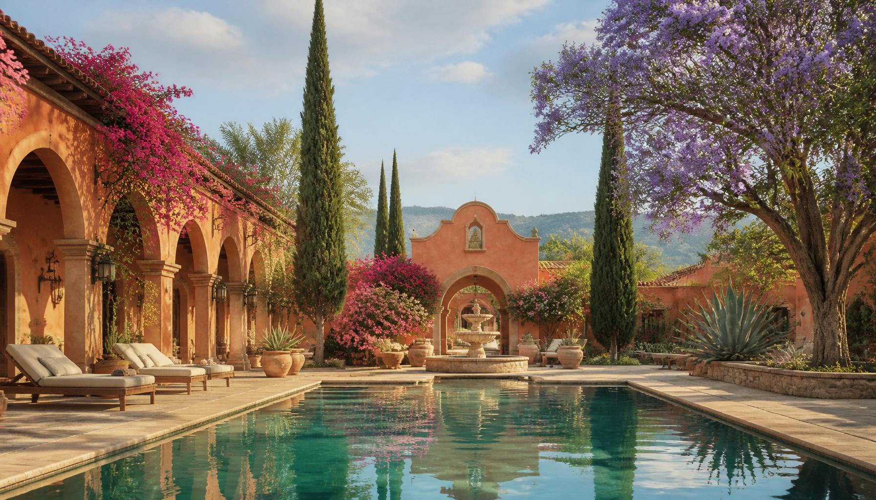 Patio de una hacienda en Jalisco con arcos, alberca y buganvilias